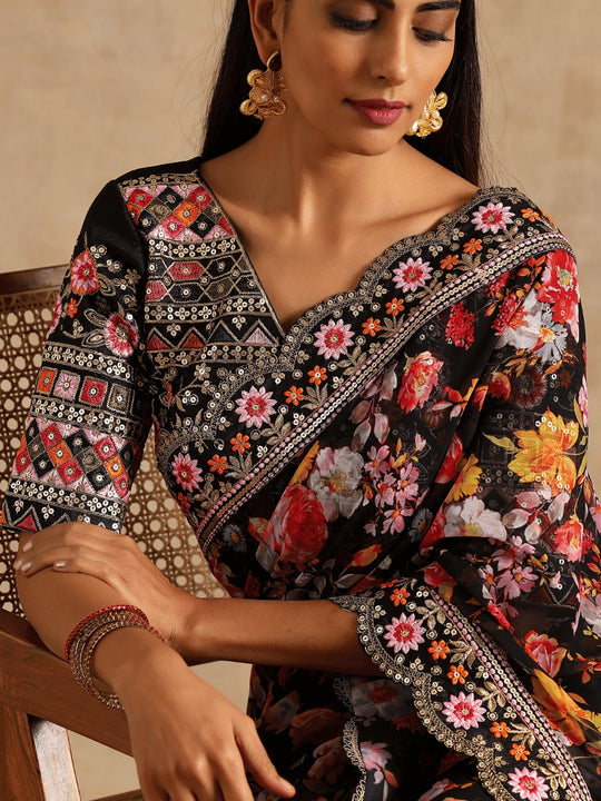 Soft Georgette Beautiful Digital Print With Embroidered Heavy Sequence And Multi Thread Work In Lace On Saree
