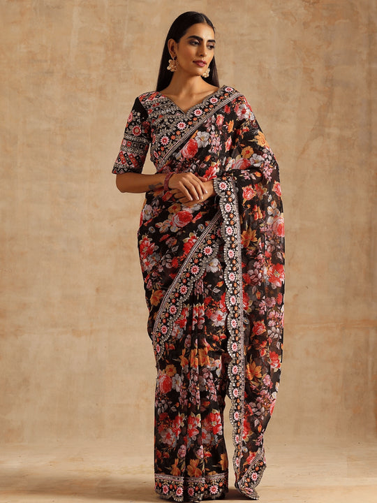 Soft Georgette Beautiful Digital Print With Embroidered Heavy Sequence And Multi Thread Work In Lace On Saree