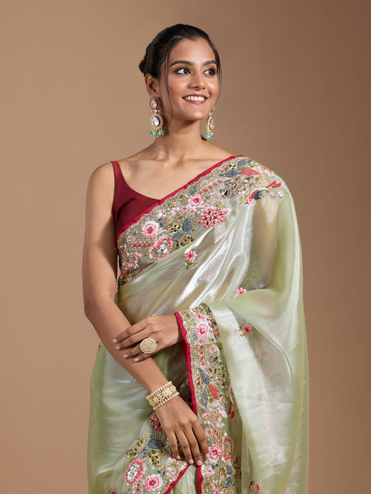 Heavy Jimmy Choo Multi Embroidered Thread Coding And Sequence & Fancy Cutwork With Piping Work Saree