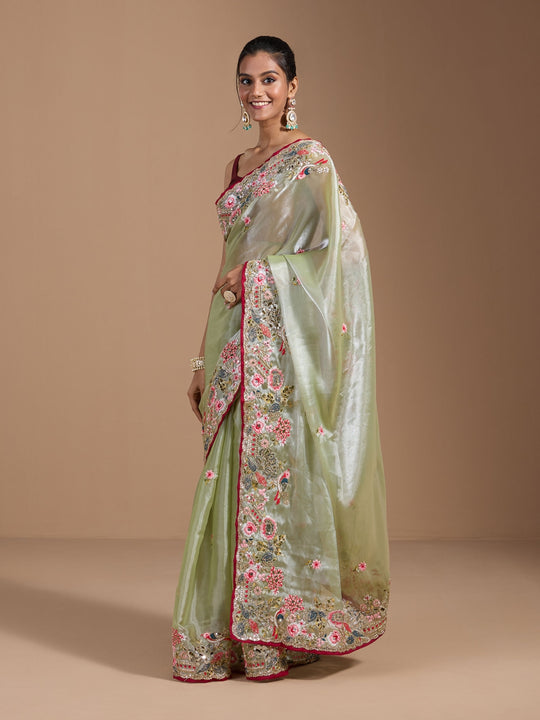 Heavy Jimmy Choo Multi Embroidered Thread Coding And Sequence & Fancy Cutwork With Piping Work Saree