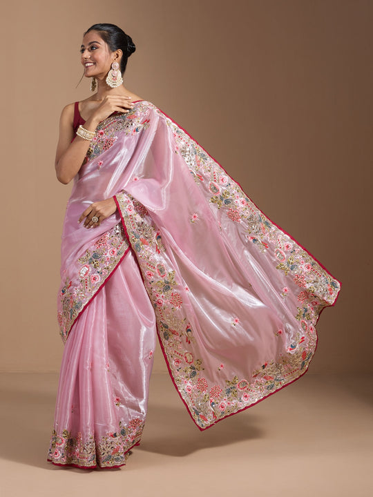 Heavy Jimmy Choo Multi Embroidered Thread Coding And Sequence & Fancy Cutwork With Piping Work Saree