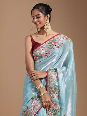 Heavy Jimmy Choo Multi Embroidered Thread Coding And Sequence & Fancy Cutwork With Piping Work Saree