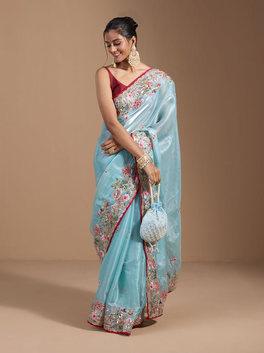 Heavy Jimmy Choo Multi Embroidered Thread Coding And Sequence & Fancy Cutwork With Piping Work Saree