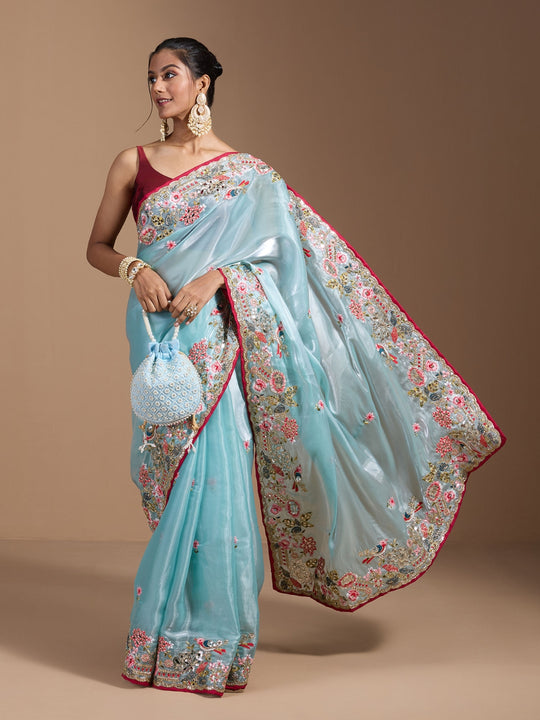 Heavy Jimmy Choo Multi Embroidered Thread Coding And Sequence & Fancy Cutwork With Piping Work Saree
