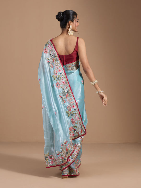 Heavy Jimmy Choo Multi Embroidered Thread Coding And Sequence & Fancy Cutwork With Piping Work Saree