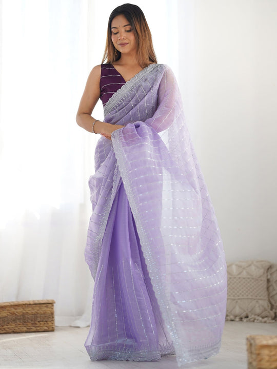 Jimmy Choo Fabric With Dual Color Sequence And thread Embroidered Work And Cut Border & Butta Work Saree