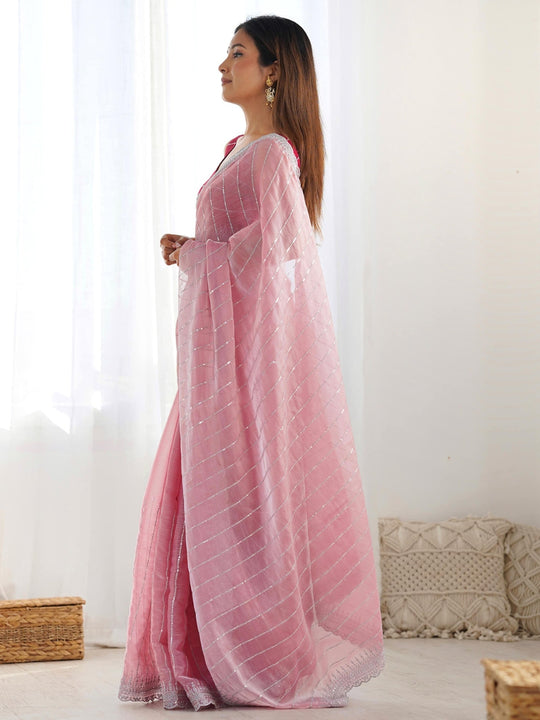 Jimmy Choo Fabric With Dual Color Sequence And thread Embroidered Work And Cut Border & Butta Work Saree