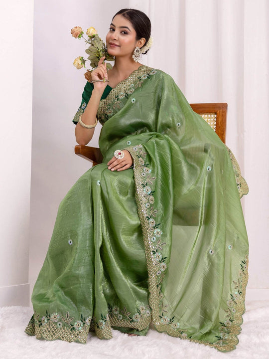 Pure Gold Crush fabric with coding embroidery work and 3mm sequence work with all over butta and amazing arc cutting borders work