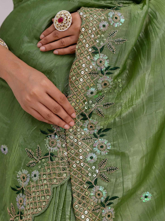 Pure Gold Crush fabric with coding embroidery work and 3mm sequence work with all over butta and amazing arc cutting borders work