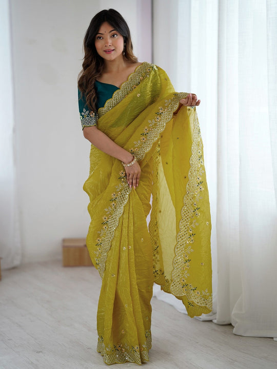 Pure Gold Crush fabric with coding embroidery work and 3mm sequence work with all over butta and amazing arc cutting borders work