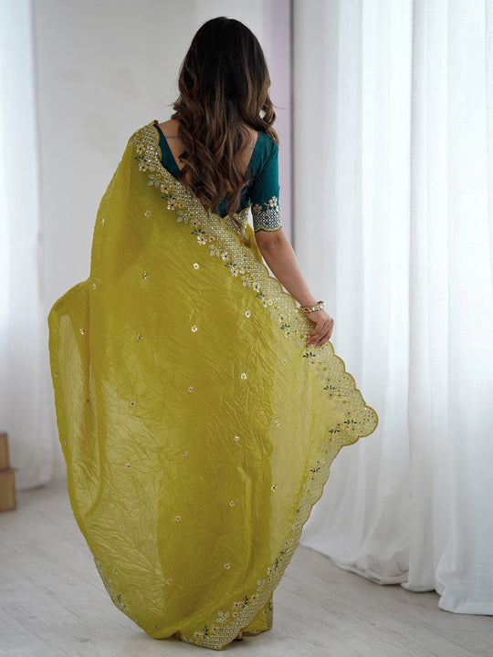 Pure Gold Crush fabric with coding embroidery work and 3mm sequence work with all over butta and amazing arc cutting borders work