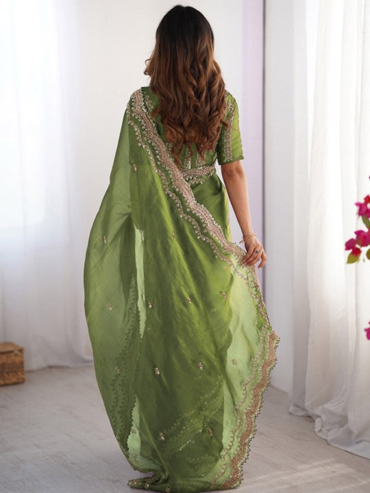 Barbary silk fabric with C-pallu embroidery  thread work and amazing cutwork.