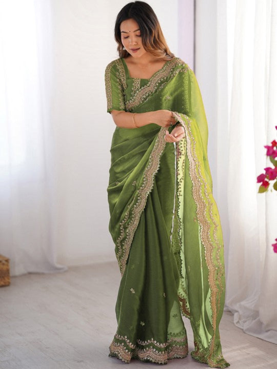 Barbary silk fabric with C-pallu embroidery  thread work and amazing cutwork.