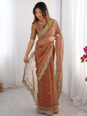 Barbary silk fabric with C-pallu embroidery  thread work and amazing cutwork.