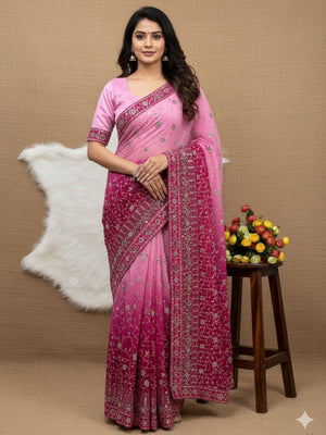 Soft Georgette Padding Fabric On Beautiful 7 mm Embroidery Heavy Sequence And Thread Work With Lace On Saree