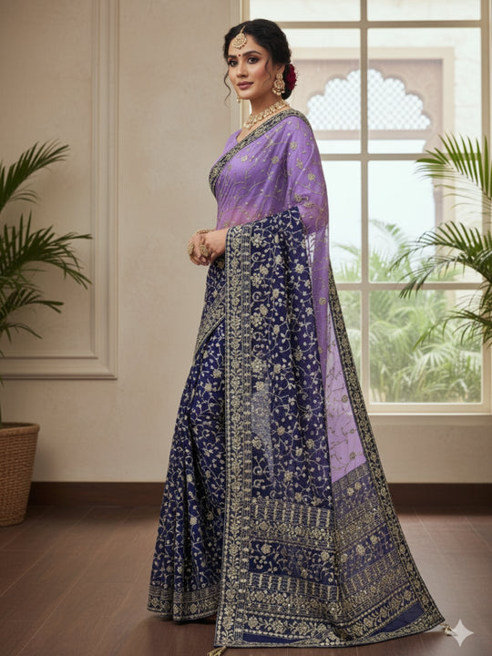 Soft Georgette Padding Fabric On Beautiful 7 mm Embroidery Heavy Sequence And Thread Work With Lace On Saree