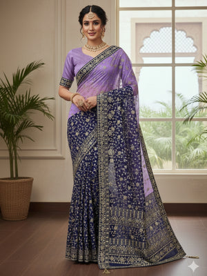 Soft Georgette Padding Fabric On Beautiful 7 mm Embroidery Heavy Sequence And Thread Work With Lace On Saree