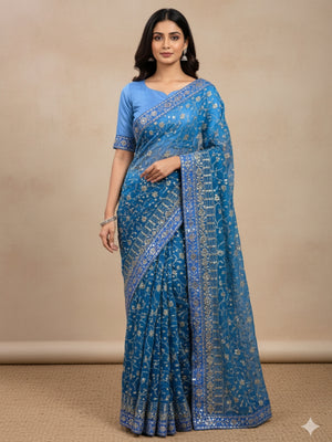 Soft Georgette Padding Fabric On Beautiful 7 mm Embroidery Heavy Sequence And Thread Work With Lace On Saree