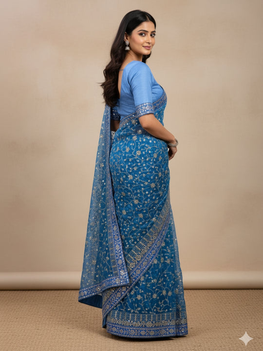 Soft Georgette Padding Fabric On Beautiful 7 mm Embroidery Heavy Sequence And Thread Work With Lace On Saree