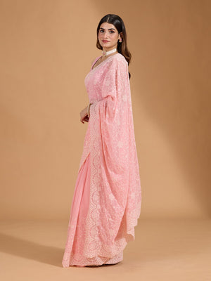 Soft Georgette Fabric With White Thread Embroidered Work With Cutwork Lace Border