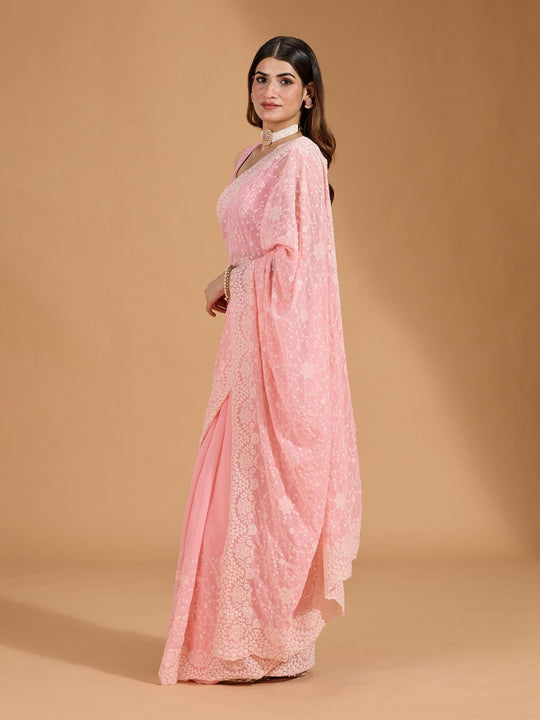 Soft Georgette Fabric With White Thread Embroidered Work With Cutwork Lace Border