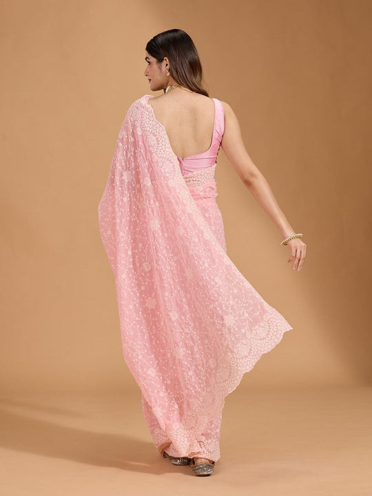 Soft Georgette Fabric With White Thread Embroidered Work With Cutwork Lace Border