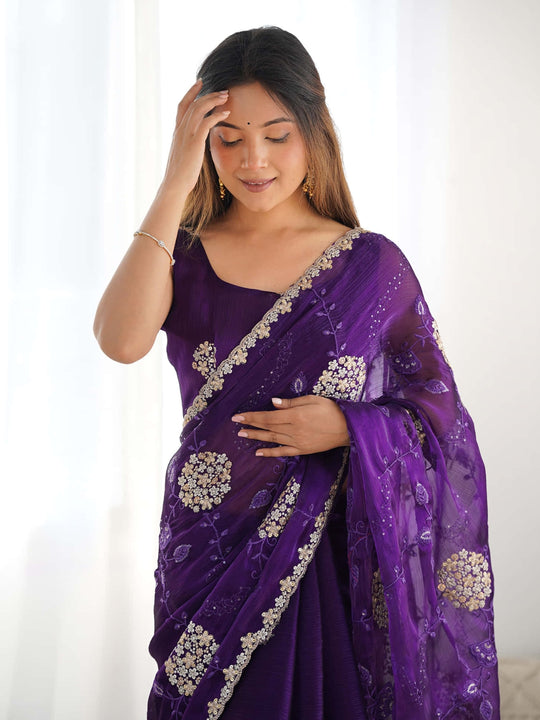 Pure Soft Blooming Jimmy Choo Chiffon Fabric With 3 mm and 5 mm Sequence With Double Zari And Thread Work