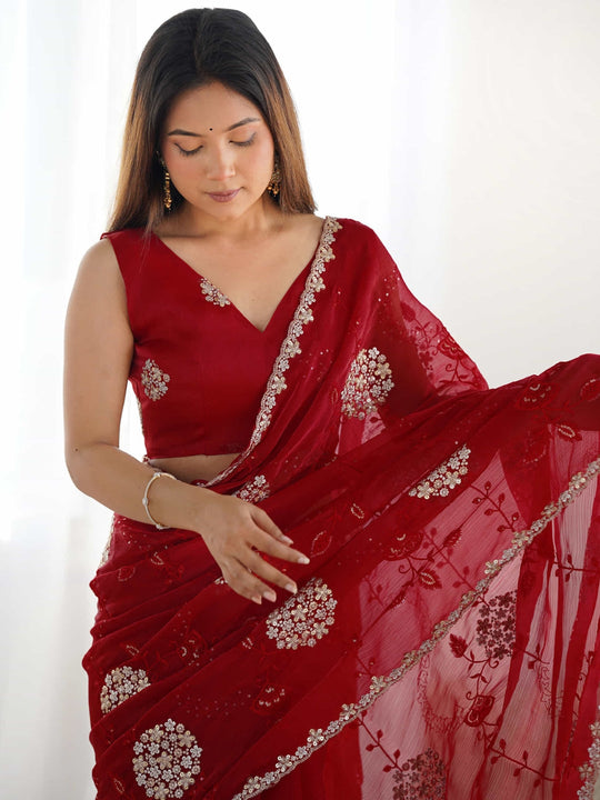 Pure Soft Blooming Jimmy Choo Chiffon Fabric With 3 mm and 5 mm Sequence With Double Zari And Thread Work