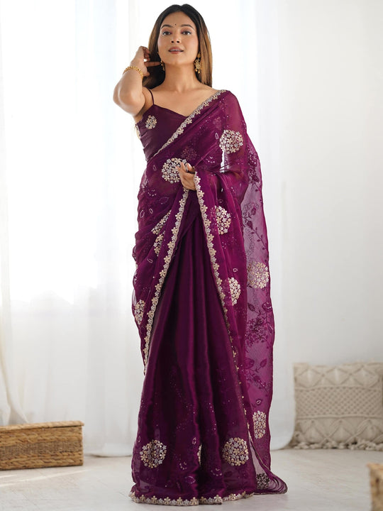 Pure Soft Blooming Jimmy Choo Chiffon Fabric With 3 mm and 5 mm Sequence With Double Zari And Thread Work