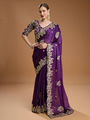 Purple Pure Rangoli Silk With Coding 3 Mm C Pallu Embroidered Work And All Over Sarees Butta Work With Cut Work Border Saree With Blouse Piece