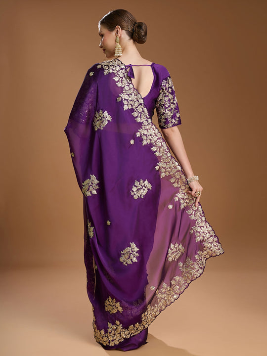 Purple Pure Rangoli Silk With Coding 3 Mm C Pallu Embroidered Work And All Over Sarees Butta Work With Cut Work Border Saree With Blouse Piece