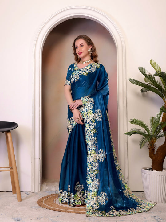 Pure Jimmy Choo Silk  With Coding Sequence Embroidery Work And Beautiful ARC Cutting Border Saree