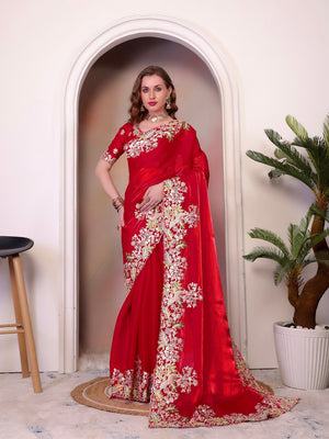 Pure Jimmy Choo Silk  With Coding Sequence Embroidery Work And Beautiful ARC Cutting Border Saree