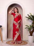Pure Jimmy Choo Silk  With Coding Sequence Embroidery Work And Beautiful ARC Cutting Border Saree