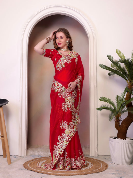 Pure Jimmy Choo Silk  With Coding Sequence Embroidery Work And Beautiful ARC Cutting Border Saree
