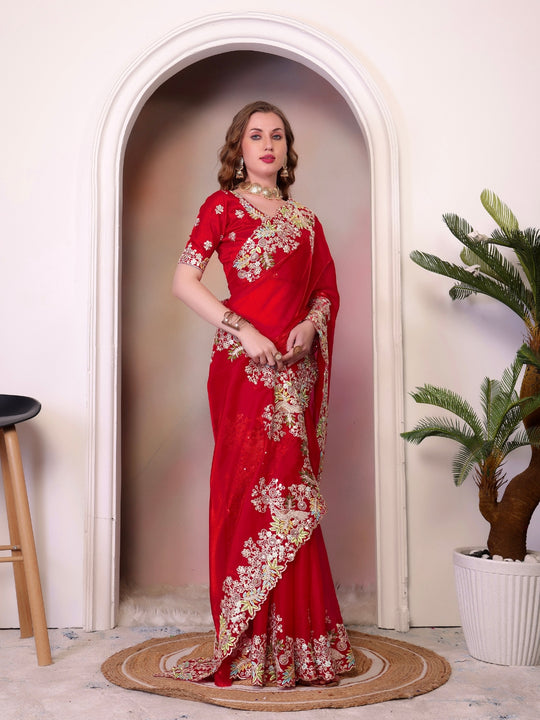 Pure Jimmy Choo Silk  With Coding Sequence Embroidery Work And Beautiful ARC Cutting Border Saree