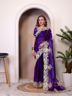 Pure Jimmy Choo Silk  With Coding Sequence Embroidery Work And Beautiful ARC Cutting Border Saree
