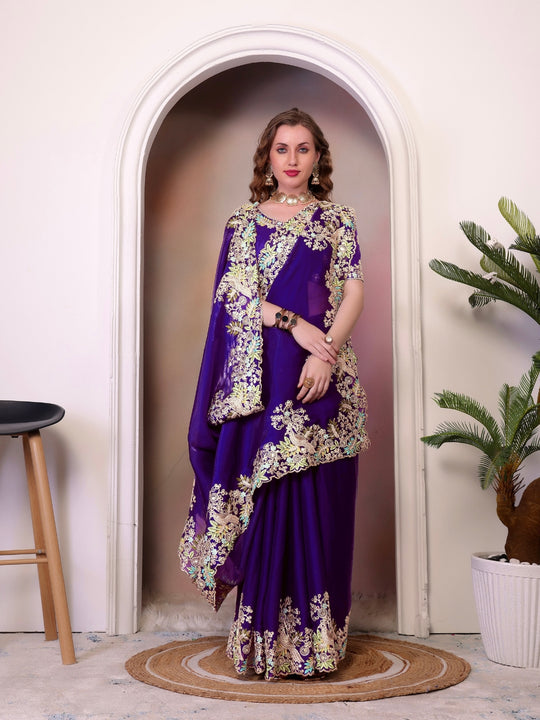 Pure Jimmy Choo Silk  With Coding Sequence Embroidery Work And Beautiful ARC Cutting Border Saree