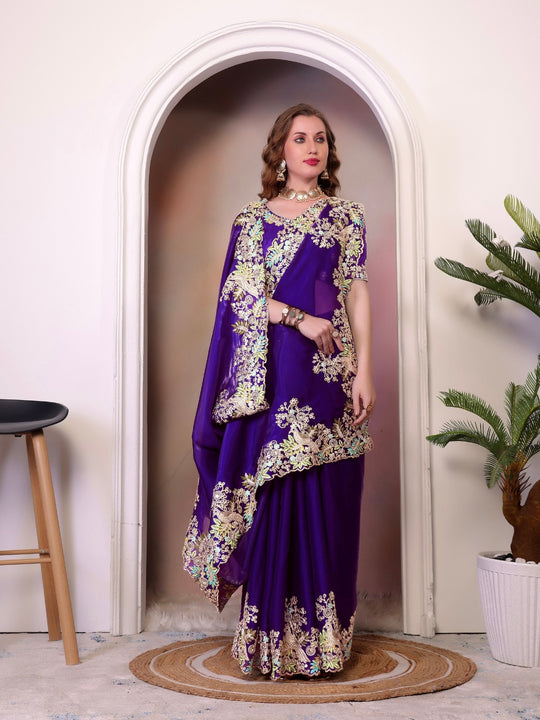 Pure Jimmy Choo Silk  With Coding Sequence Embroidery Work And Beautiful ARC Cutting Border Saree