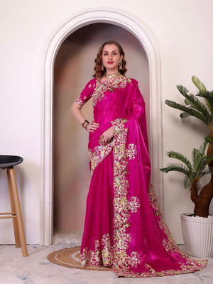 Pure Jimmy Choo Silk  With Coding Sequence Embroidery Work And Beautiful ARC Cutting Border Saree