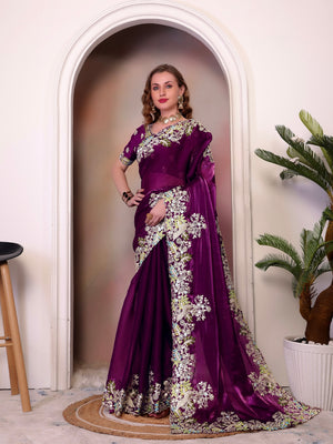 Pure Jimmy Choo Silk  With Coding Sequence Embroidery Work And Beautiful ARC Cutting Border Saree