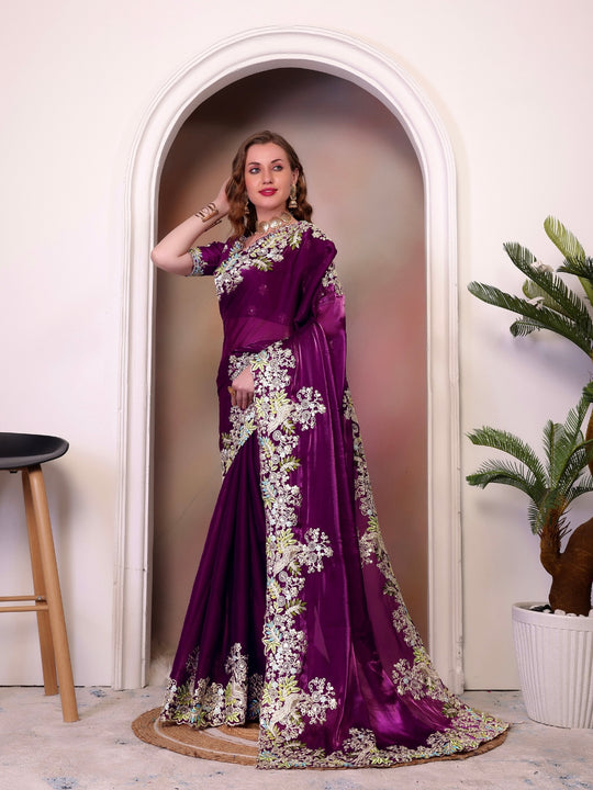Pure Jimmy Choo Silk  With Coding Sequence Embroidery Work And Beautiful ARC Cutting Border Saree