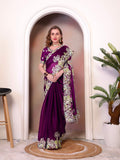 Pure Jimmy Choo Silk  With Coding Sequence Embroidery Work And Beautiful ARC Cutting Border Saree