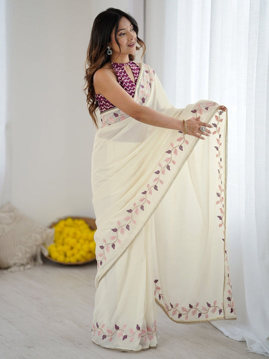 Premium  Pure Soft Silk Sarees With Contrast Matching Thread Work In Sarees And Ready Made Lace Border
