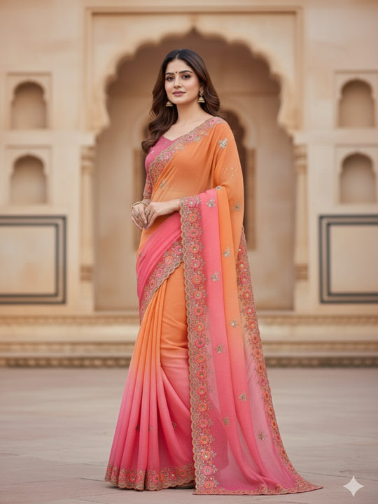 Soft Crunchy 3D Padding Fabric With 5 mm Sequence Embroidery With Multi Thread Embroidery Work And Beautiful ARC Cutting Border