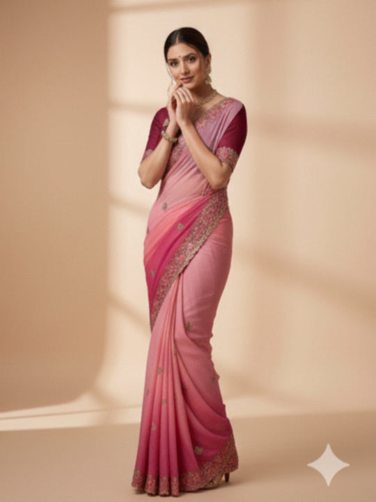 Soft Crunchy 3D Padding Fabric With 5 mm Sequence Embroidery With Multi Thread Embroidery Work And Beautiful ARC Cutting Border