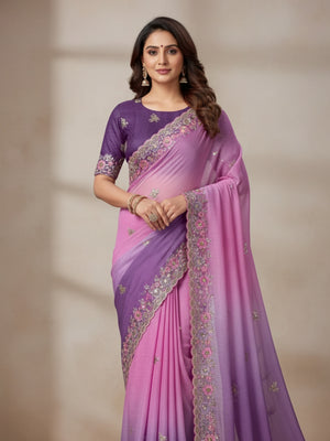 Soft Crunchy 3D Padding Fabric With 5 mm Sequence Embroidery With Multi Thread Embroidery Work And Beautiful ARC Cutting Border