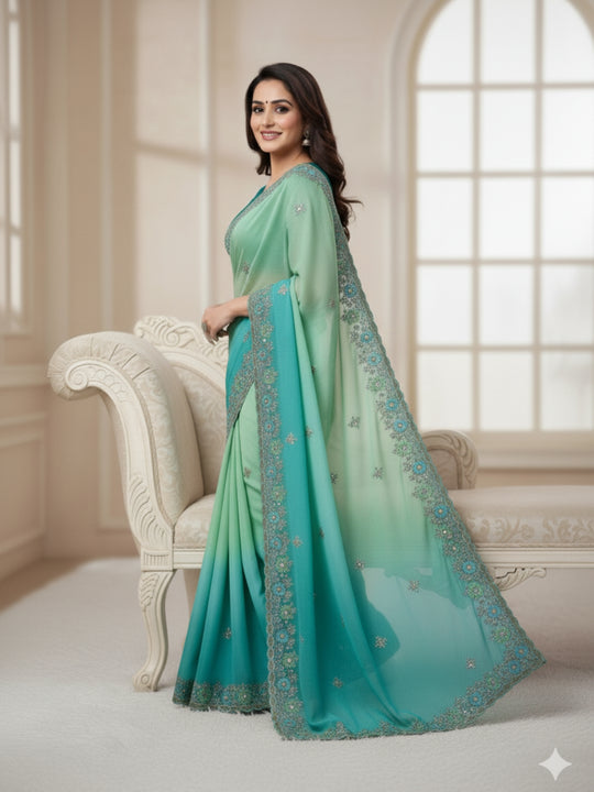 Soft Crunchy 3D Padding Fabric With 5 mm Sequence Embroidery With Multi Thread Embroidery Work And Beautiful ARC Cutting Border