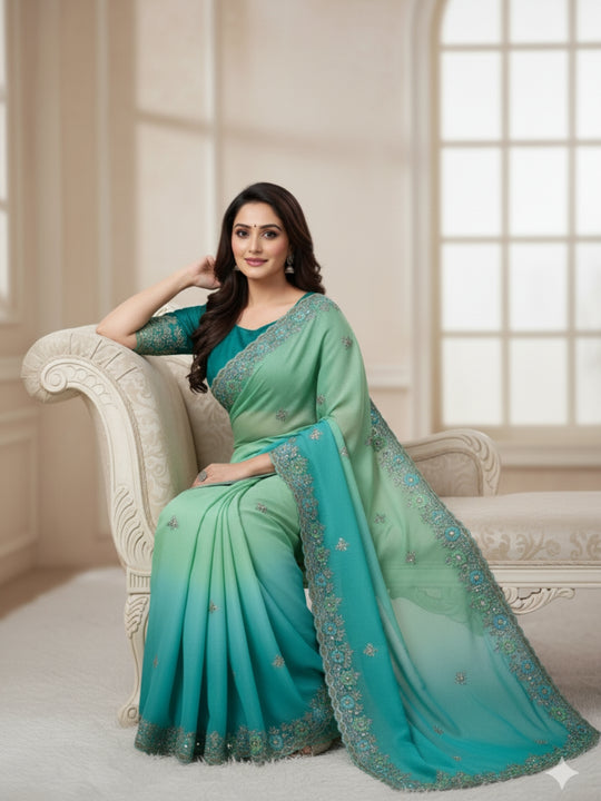 Soft Crunchy 3D Padding Fabric With 5 mm Sequence Embroidery With Multi Thread Embroidery Work And Beautiful ARC Cutting Border