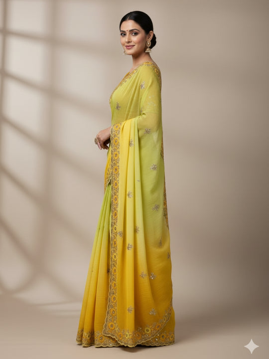 Soft Crunchy 3D Padding Fabric With 5 mm Sequence Embroidery With Multi Thread Embroidery Work And Beautiful ARC Cutting Border